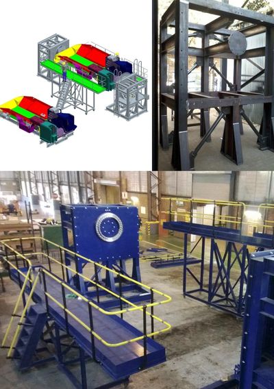 Industrial metal structures and a colorful 3D machine model in a workshop.
