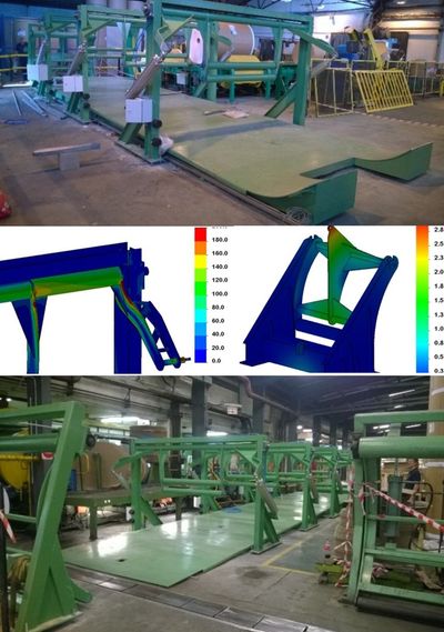 Industrial machinery for material handling with structural analysis visuals.