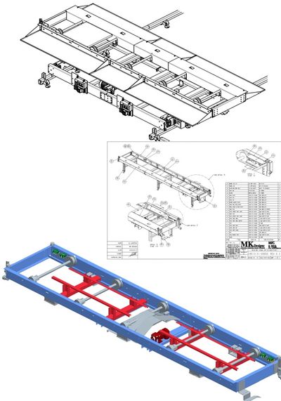 Technical CAD drawings of a mechanical conveyor system with detailed components.