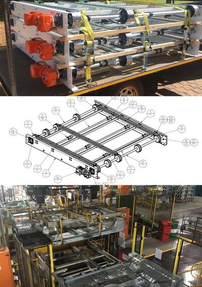 Industrial conveyor roller assembly with technical drawing and factory installation.