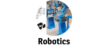 Industrial robotic arm setup in a workshop with technical drawings.