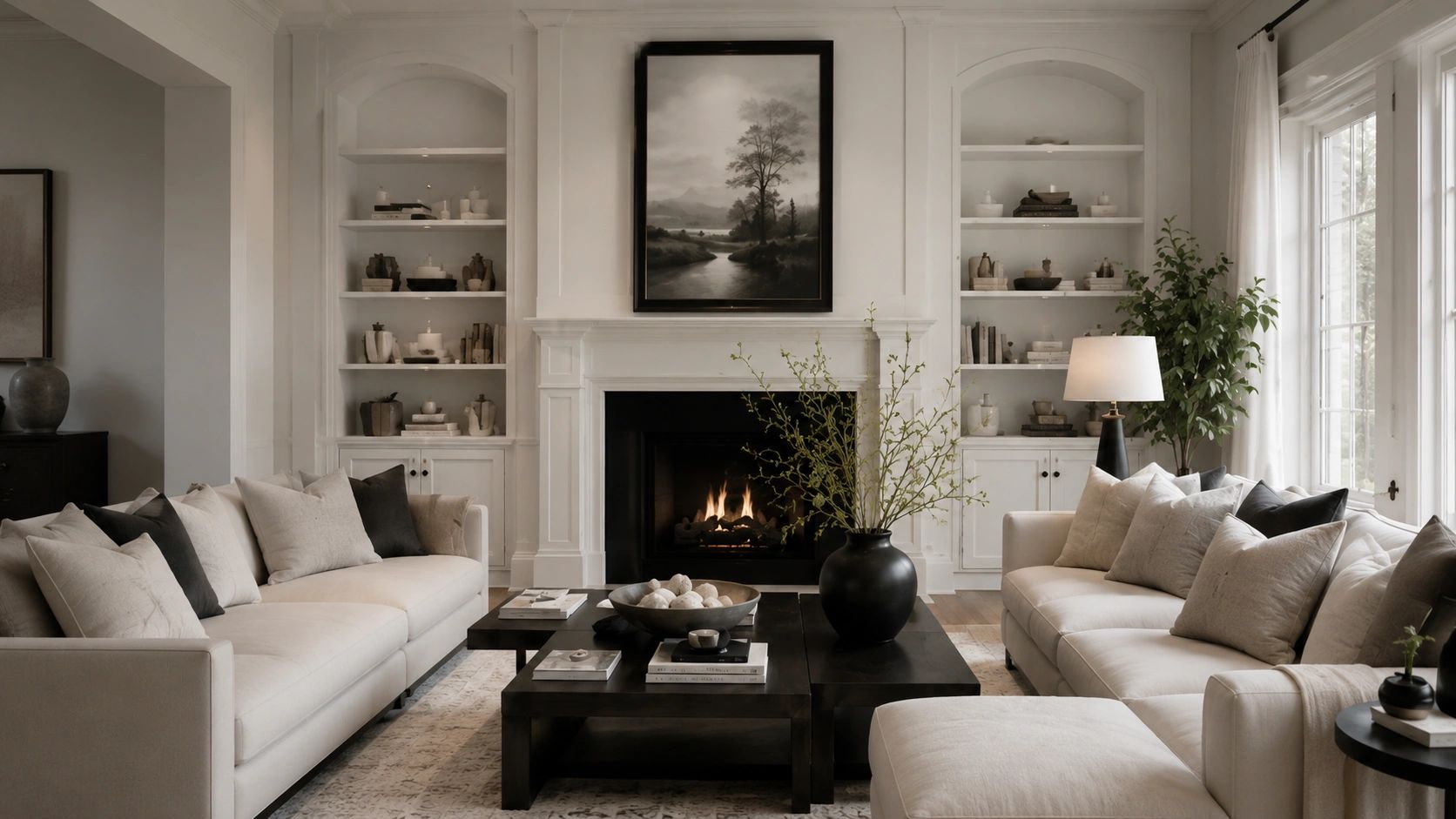 Cozy neutral living room with fireplace and elegant decor.