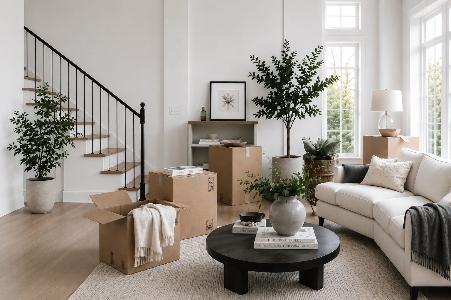 Living room with moving boxes and plants.