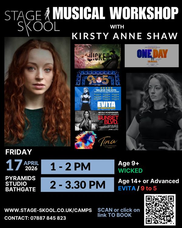 Musical workshop flyer featuring Kirsty Anne Shaw with session details and show posters.