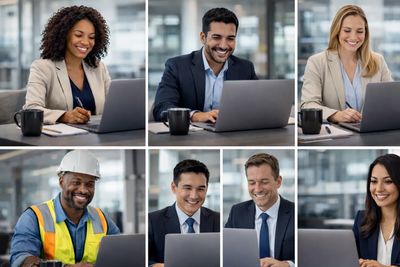 Collage of diverse professionals smiling while working on laptops in modern office settings.