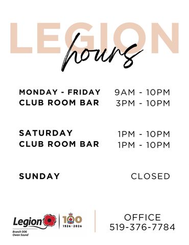 Legion hours and contact information for club room bar.