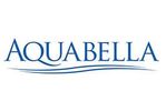 Aquabella logo with blue text and wave design.