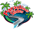 Colorful Paradise Slides logo with palm trees and a water slide.