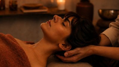 Woman relaxing with a neck massage in a cozy, dimly lit room.