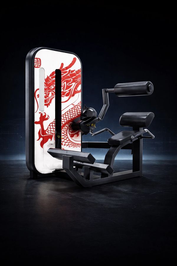 Gym machine with a red dragon design on the weight stack panel.