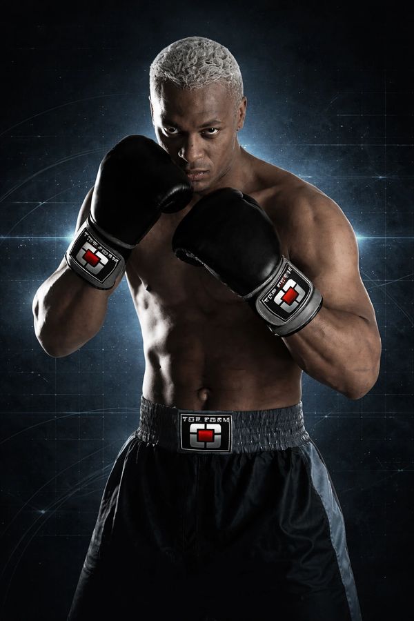 Boxer with platinum blonde hair in fighting stance wearing black gloves and shorts.