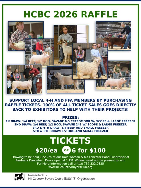 HCBC 2026 raffle supporting local 4-H and FFA with livestock prizes.