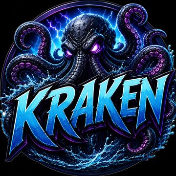 Logo of a fierce Kraken with glowing purple eyes.