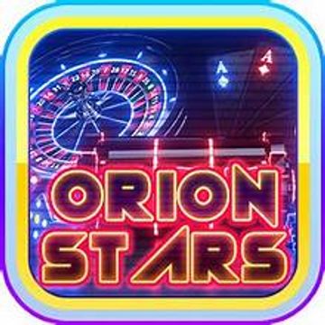 Orion Stars neon sign with roulette and playing cards.