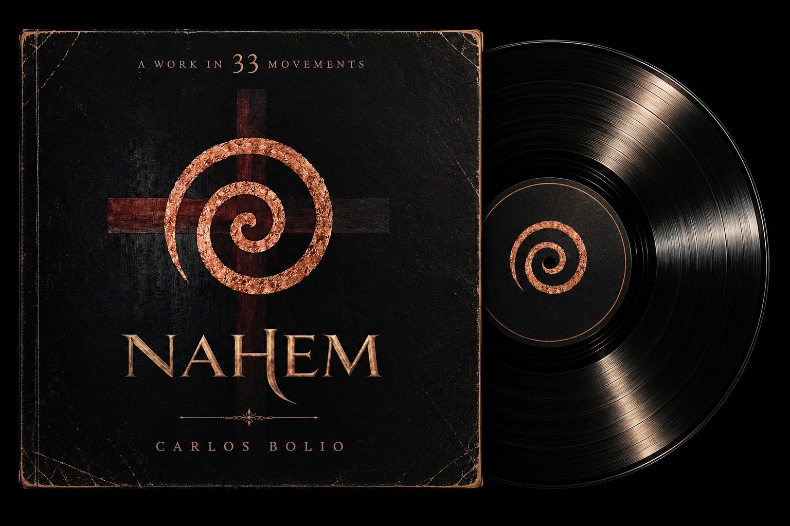 Disco de vinilo con diseño de espiral y cruz.
