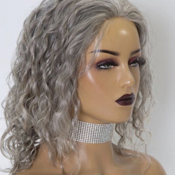 13 x 4  , Natural  Curly  Silver Grey Lace frontal   Human Hair Wig 
