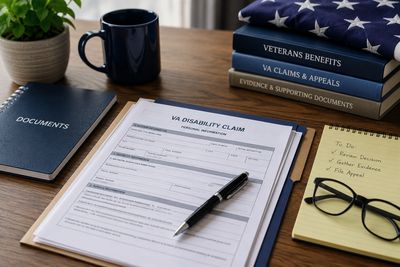 VA disability claim form with related documents and personal items on a desk.