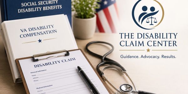 Disability claim form and related documents with stethoscope and flag.