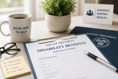 Social Security Disability Benefits application with support materials and a help mug.