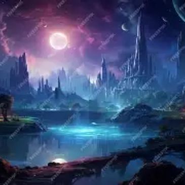 A mystical night landscape with glowing moon and towering rock formations.