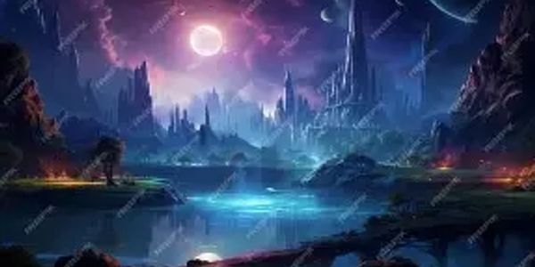 A mystical night landscape with glowing moon and towering rock formations.