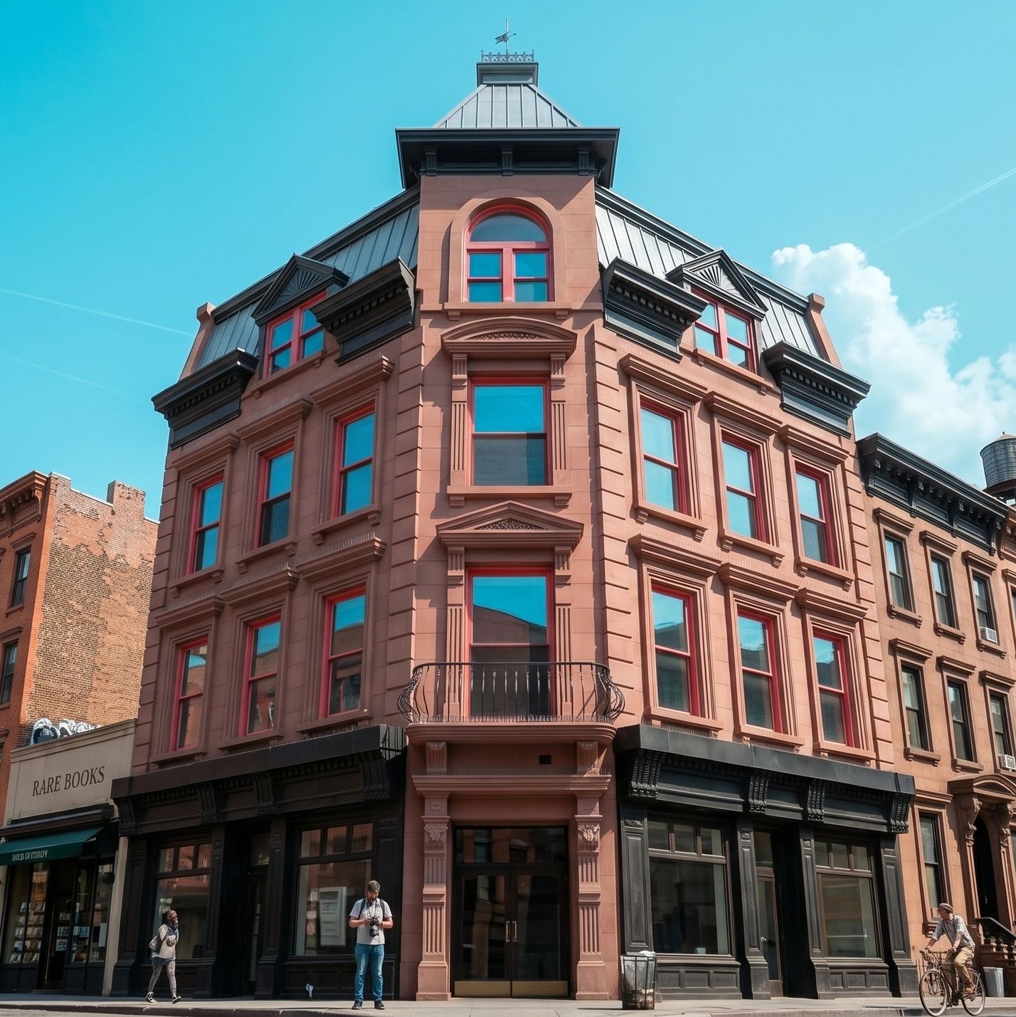 Historic brick building on a sunny city street corner with a bright blue sky.