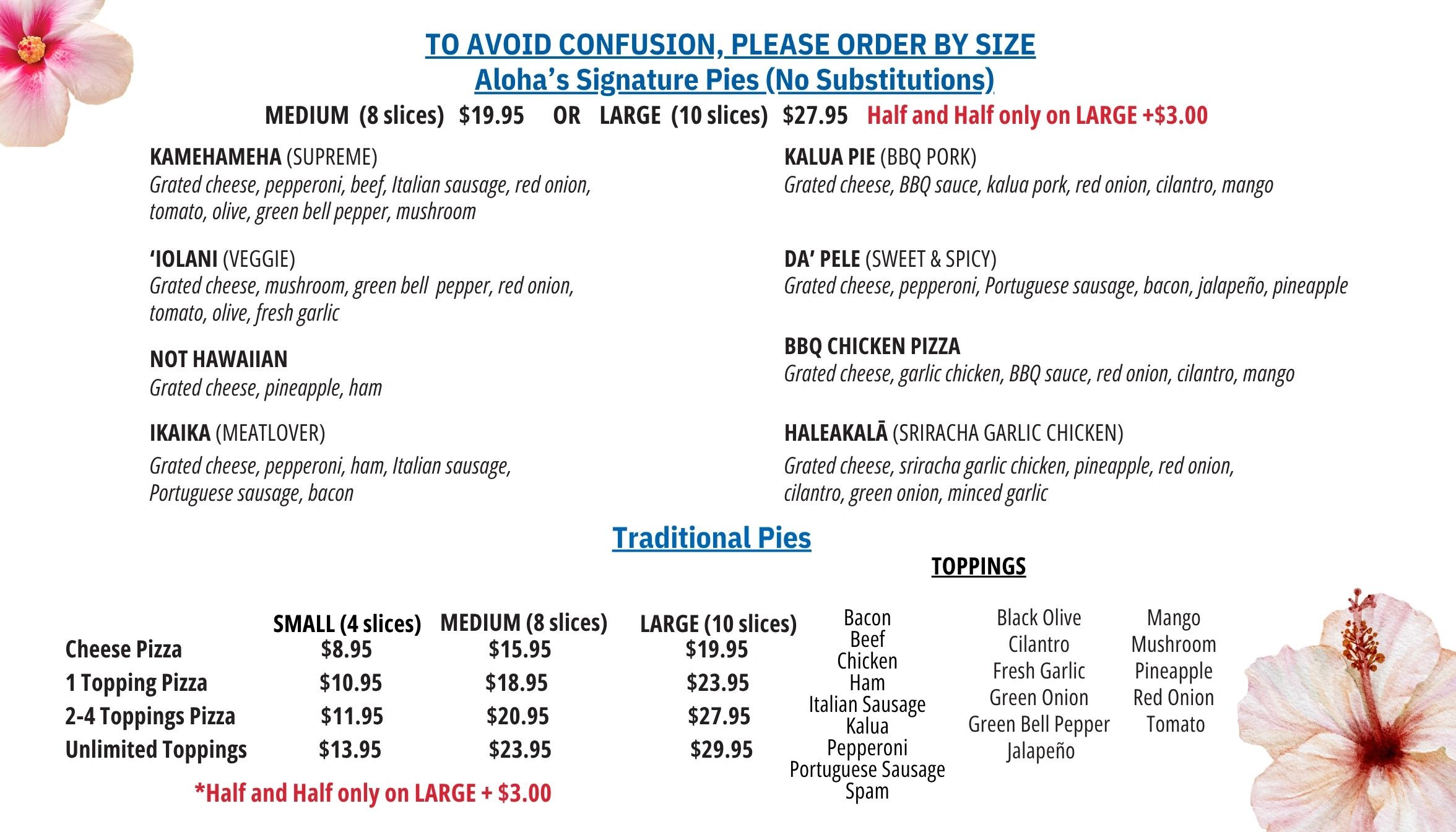 Menu showcasing Aloha's Signature and Traditional Pies with prices and toppings.