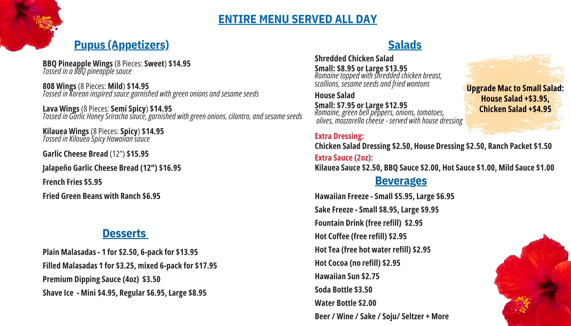Menu featuring appetizers, salads, desserts, and beverages with prices and descriptions.