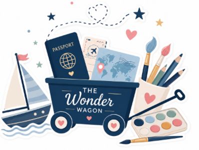 Illustration of travel and art essentials around a wagon labeled The Wonder Wagon.
