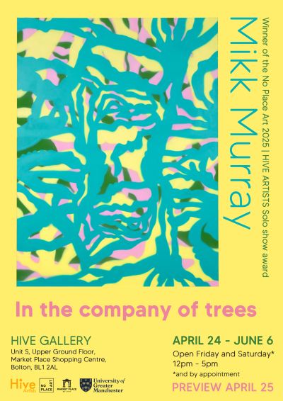Colorful abstract art promoting Mikk Murray's exhibition at Hive Gallery.