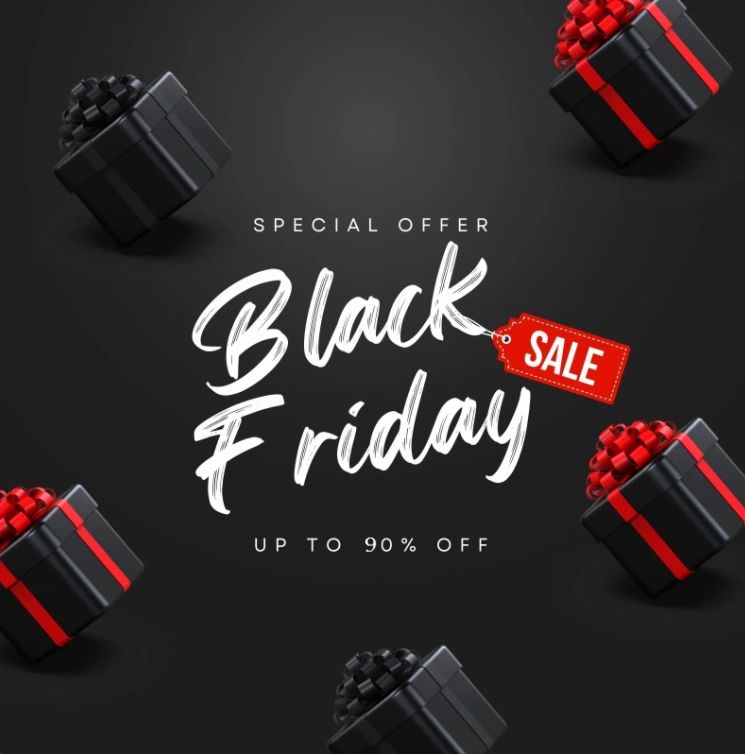 Black Friday sale with up to 90% off and gift boxes.
