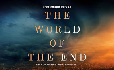 Book cover titled 'The World of the End' by David Jeremiah with dramatic sky background.