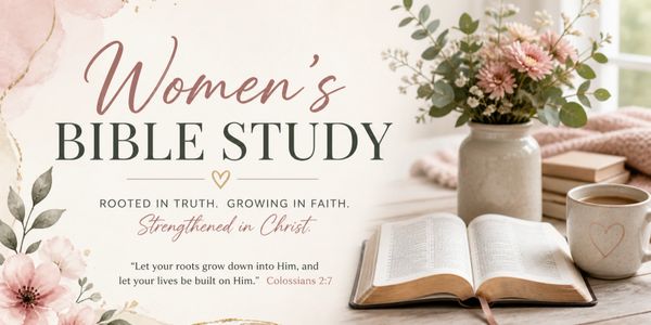 Elegant women's Bible study announcement with floral and cozy reading setup.