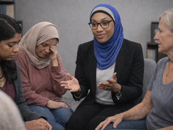 A diverse group of women engaged in a supportive group discussion.