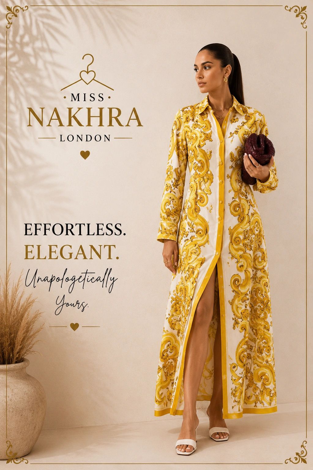 Elegant woman in long yellow patterned dress holding a brown clutch.