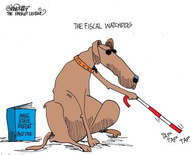 Blind dog as a fiscal watchdog tapping with a cane beside a budget book.