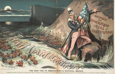 Political cartoon depicting Uncle Sam stopping the tide of immigration into America.