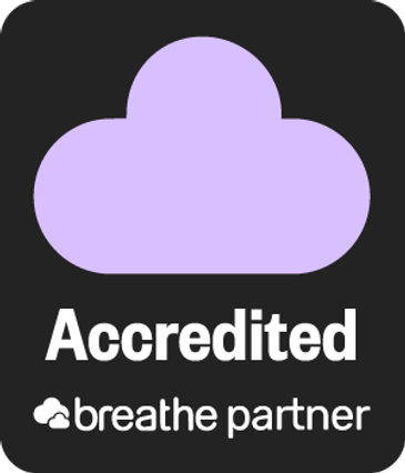 Accredited breathe partner logo with purple cloud on black background.