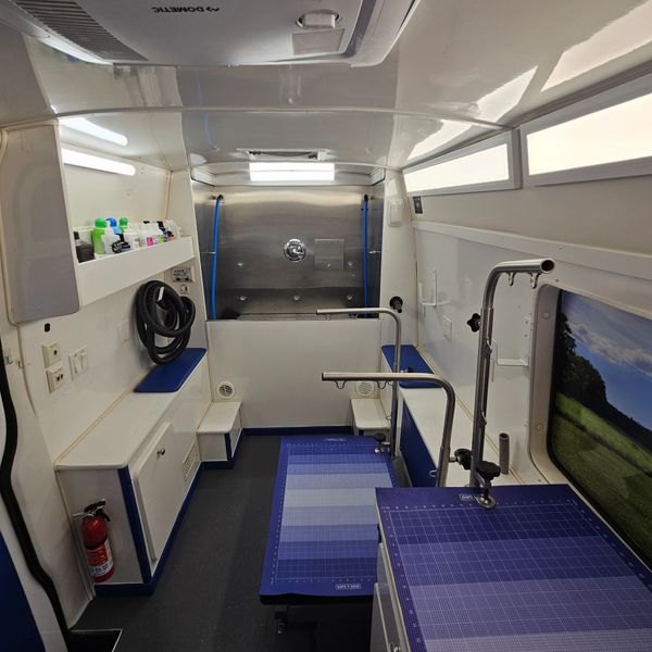 Interior of a clean, well-equipped grooming or veterinary mobile unit.