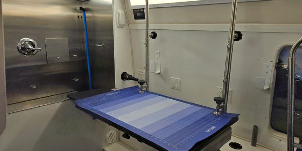 A clean, specialized examination table with a blue mat in a clinical setting.