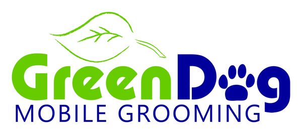 Logo for Green Dog Mobile Grooming with green and blue text and a leaf and paw design.