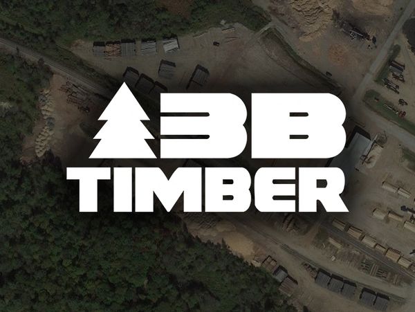 Logo of 3B Timber over an aerial view of a timber yard.