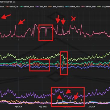 Data graph with multiple lines and highlighted anomalies in stress and coupling metrics over time.