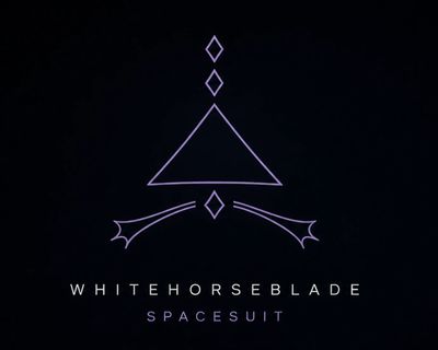 Minimalist geometric logo with text 'WHITEHORSEBLADE SPACESUIT' on black background.