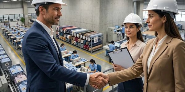 Two professionals in hard hats shaking hands in a textile factory.