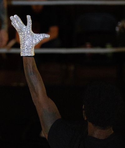 Person raising a sparkling glove hand in the air.