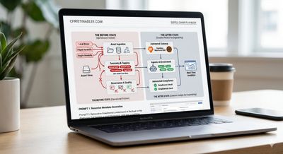 Laptop displaying a flowchart diagram on a wooden desk with a coffee cup.