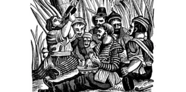 Captain “Black Bart” Roberts carousing with his crew at Old Calabar River. Wikimedia Commons