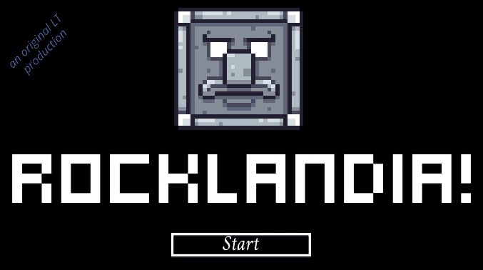 Pixel art game title screen with a stone face and 'ROCKLANDIA!' text.