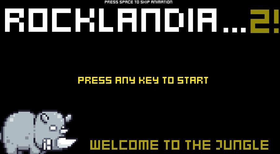 Pixel art game start screen with a rhinoceros and jungle theme.